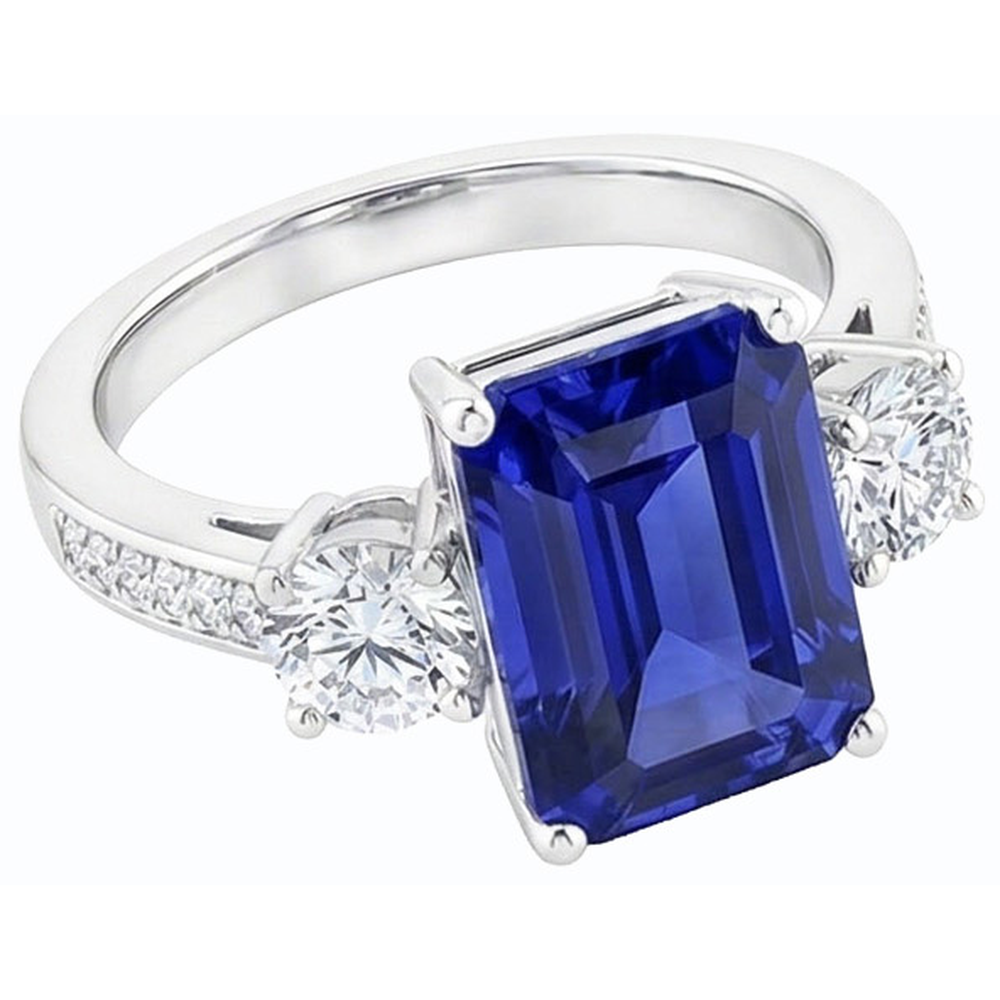 Natural Real ( Not Lab Grown )  Radiant 3 Stone Ring Blue Sapphire & Accents 6 Carats Ladies Jewelry