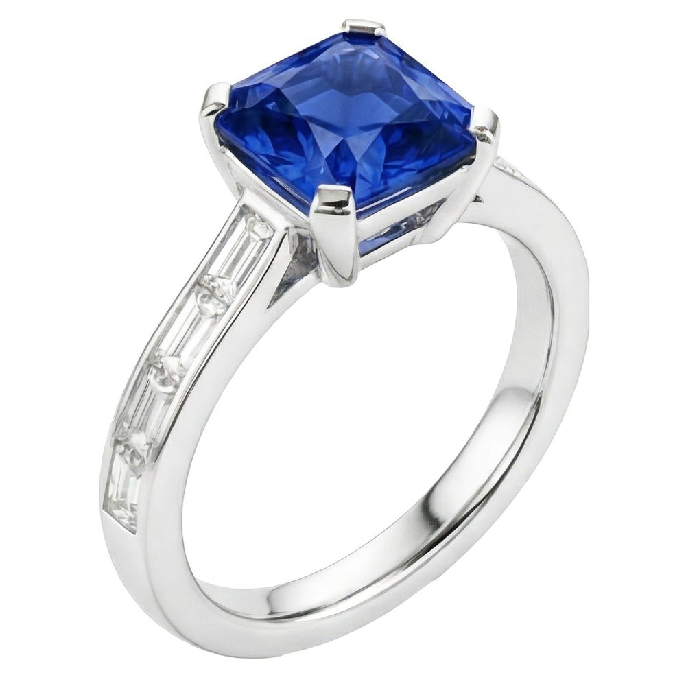 Natural Real ( Not Lab Grown )  Radiant Sapphire Engagement Ring 2 Carats Baguette Accents Channel Set