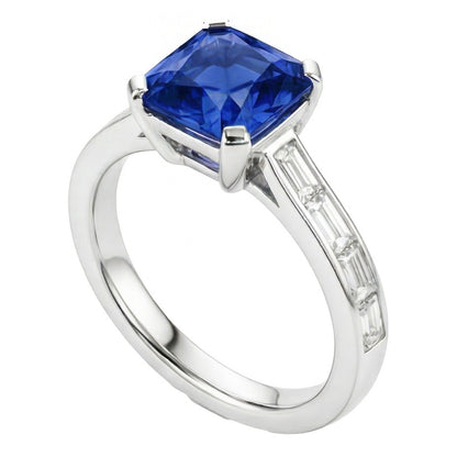 Natural Real ( Not Lab Grown )  Radiant Sapphire Engagement Ring 2 Carats Baguette Accents Channel Set