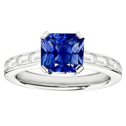 Natural Real ( Not Lab Grown )  Radiant Sapphire Engagement Ring 2 Carats Baguette Accents Channel Set