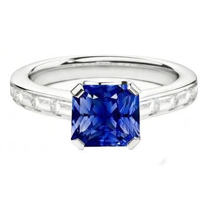 Natural Real ( Not Lab Grown )  Radiant Sapphire Engagement Ring 2 Carats Baguette Accents Channel Set