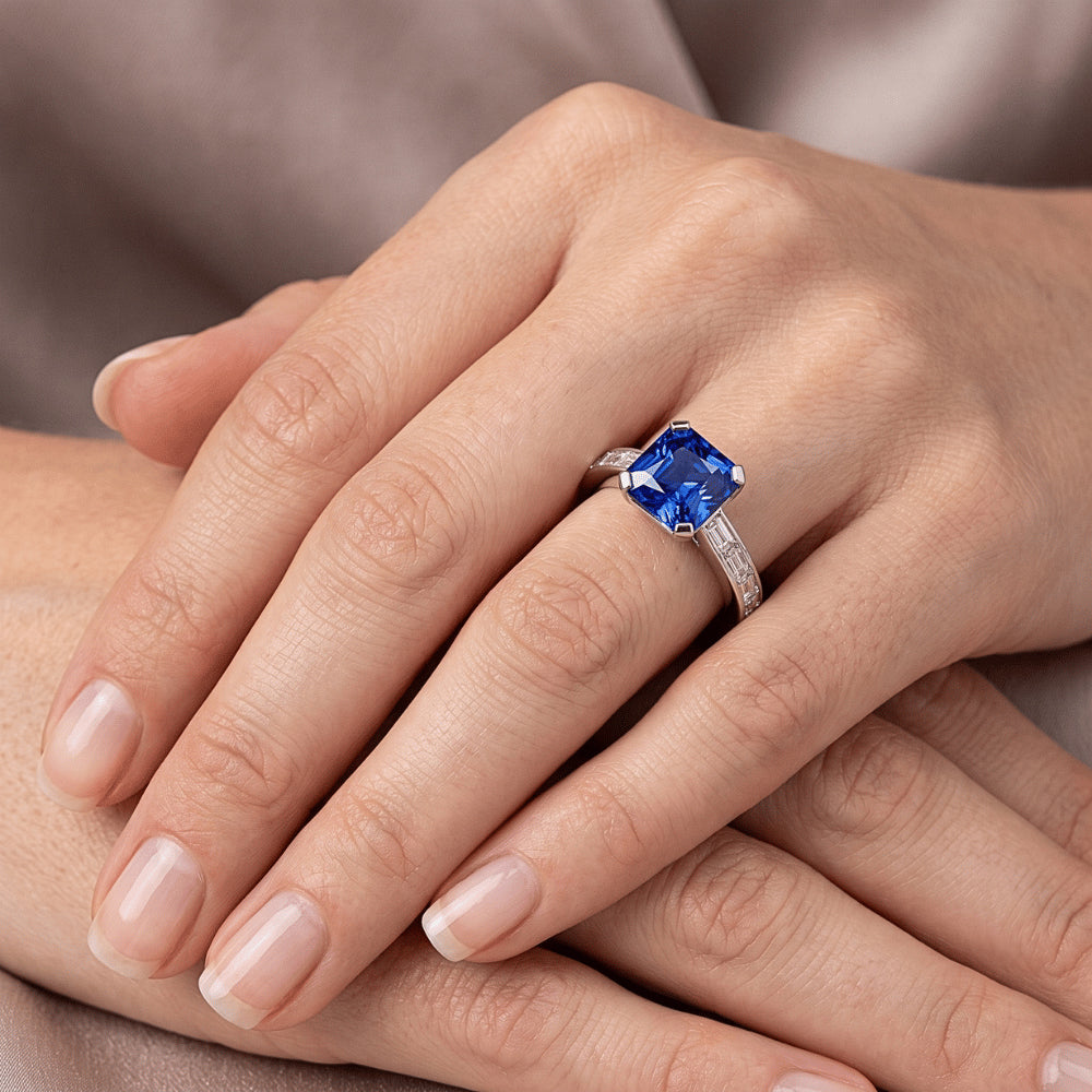 Natural Real ( Not Lab Grown )  Radiant Sapphire Engagement Ring 2 Carats Baguette Accents Channel Set