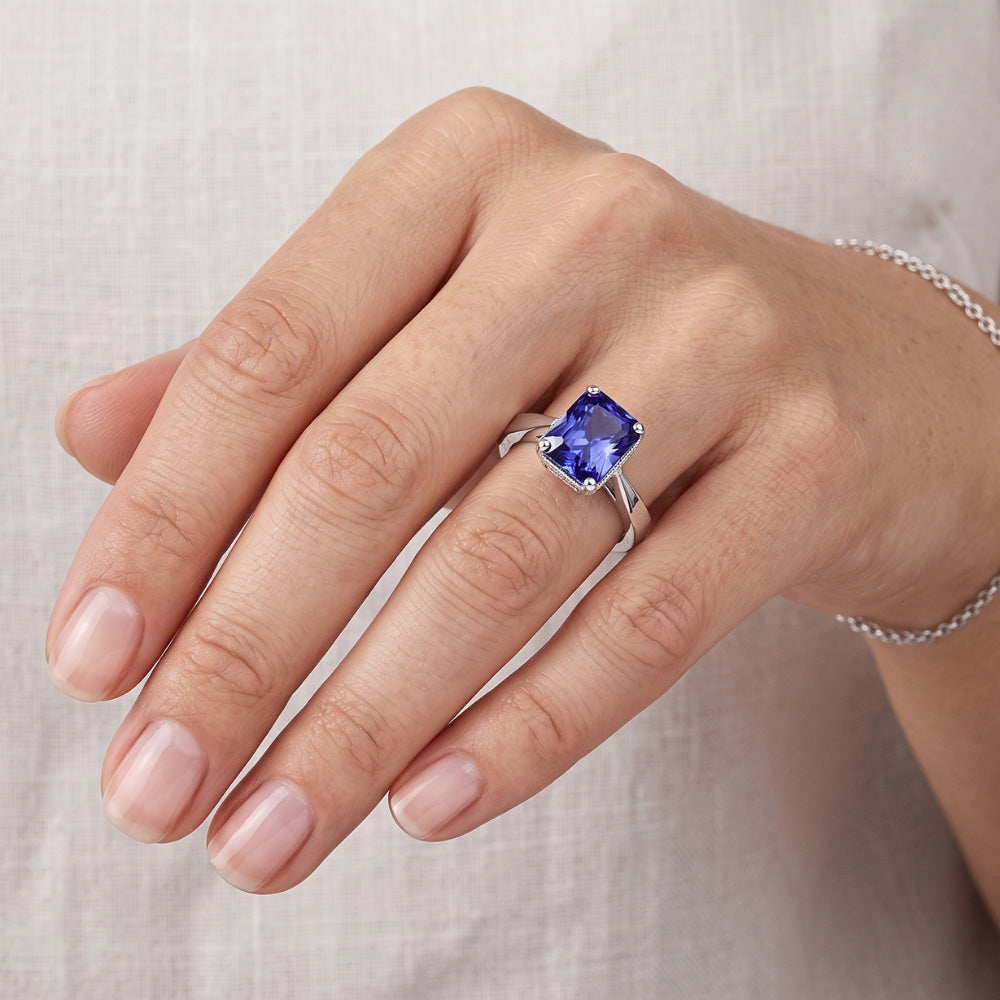 Natural Real ( Not Lab Grown )  Radiant Solitaire 2 Carats Blue Sapphire Ring Reversed Tapered Shank