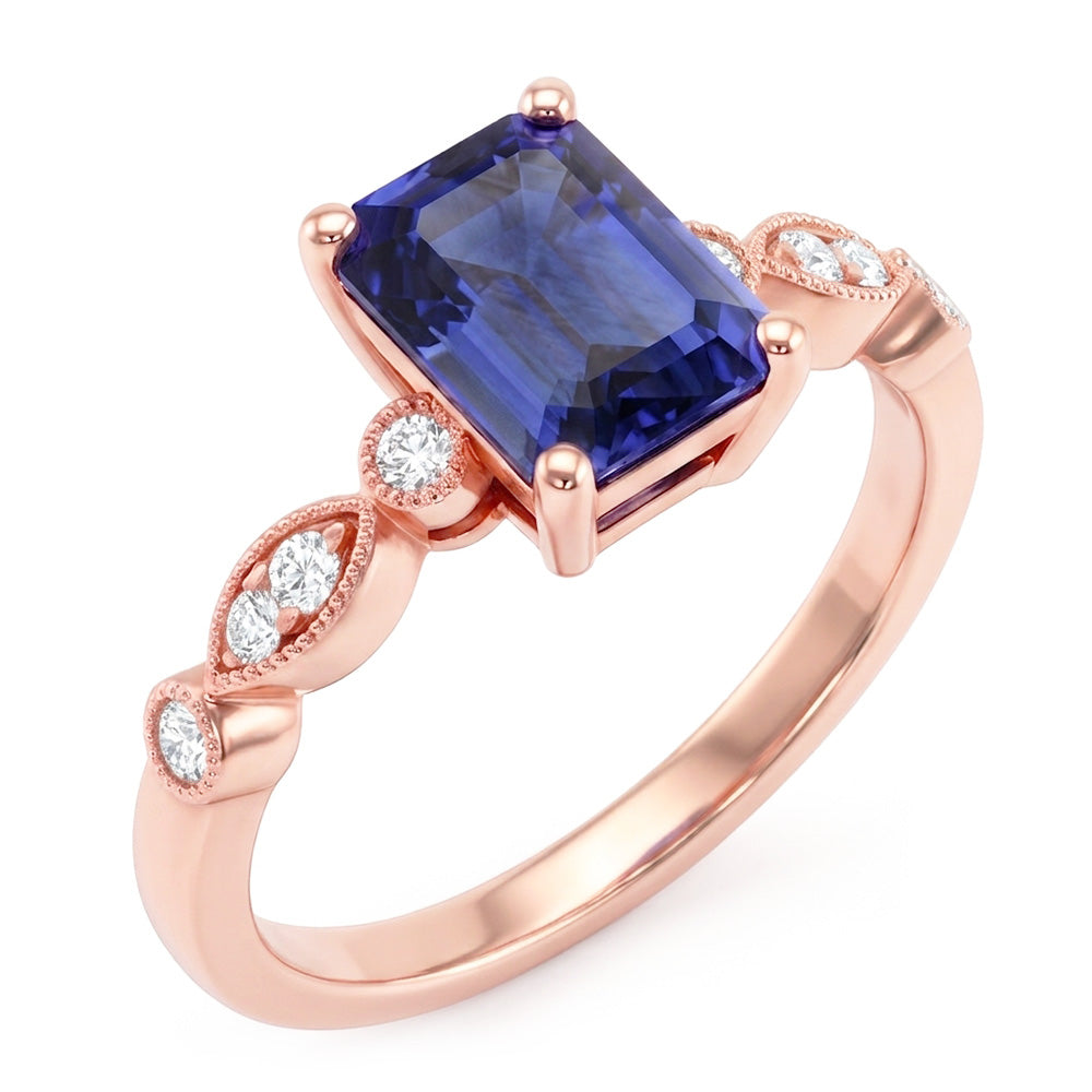 Natural Real ( Not Lab Grown )  Rose Gold Gemstone Ring Emerald Blue Sapphire With Accents 3.50 Carats
