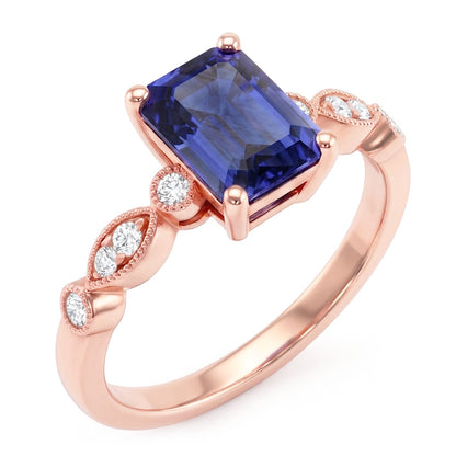 Natural Real ( Not Lab Grown )  Rose Gold Gemstone Ring Emerald Blue Sapphire With Accents 3.50 Carats
