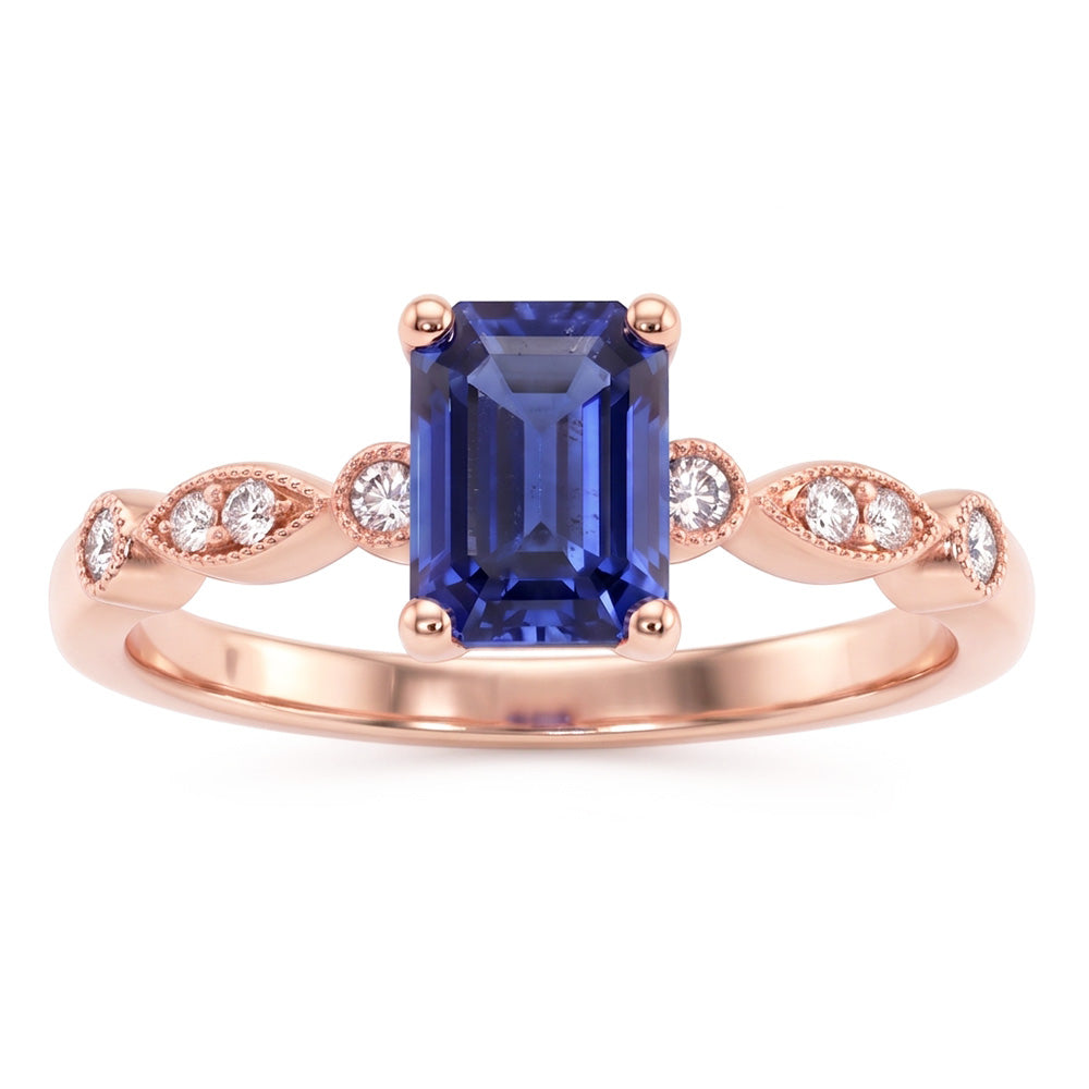 Natural Real ( Not Lab Grown )  Rose Gold Gemstone Ring Emerald Blue Sapphire With Accents 3.50 Carats