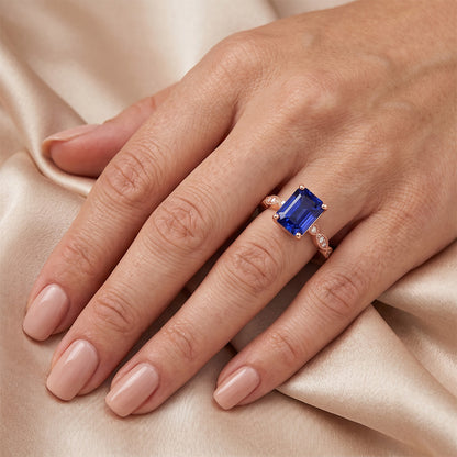 Natural Real ( Not Lab Grown )  Rose Gold Gemstone Ring Emerald Blue Sapphire With Accents 3.50 Carats