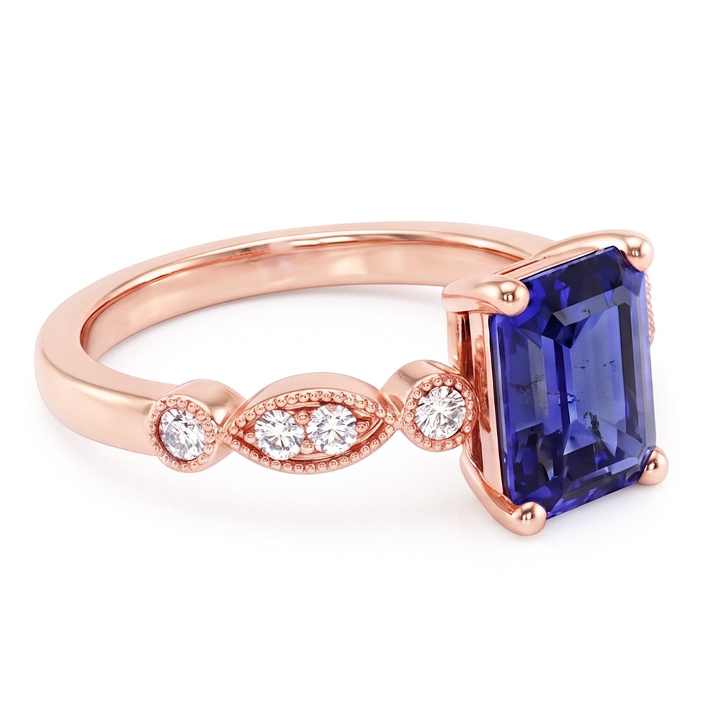 Natural Real ( Not Lab Grown )  Rose Gold Gemstone Ring Emerald Blue Sapphire With Accents 3.50 Carats