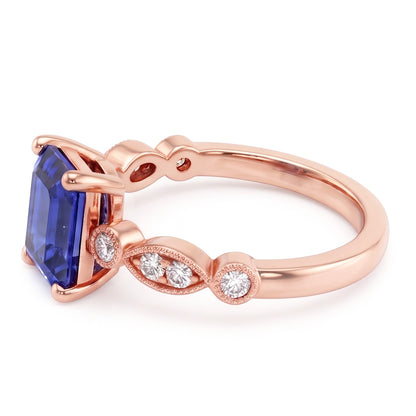 Natural Real ( Not Lab Grown )  Rose Gold Gemstone Ring Emerald Blue Sapphire With Accents 3.50 Carats