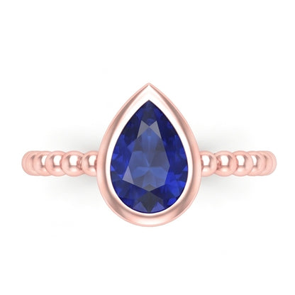 Natural Real ( Not Lab Grown )  Rose Gold Solitaire Ring Pear Blue Sapphire 1.50 Carats Bezel Set