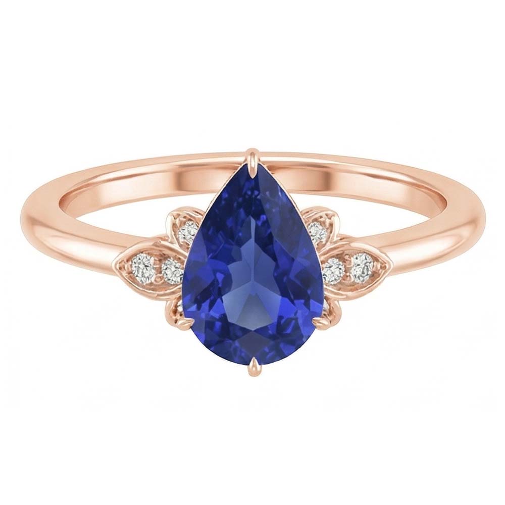 Natural Real ( Not Lab Grown )  Rose Gold Solitaire With Accents Ring Pear Ceylon Sapphire 3 Carats