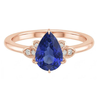 Natural Real ( Not Lab Grown )  Rose Gold Solitaire With Accents Ring Pear Ceylon Sapphire 3 Carats