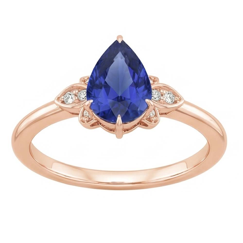 Natural Real ( Not Lab Grown )  Rose Gold Solitaire With Accents Ring Pear Ceylon Sapphire 3 Carats
