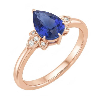 Natural Real ( Not Lab Grown )  Rose Gold Solitaire With Accents Ring Pear Ceylon Sapphire 3 Carats