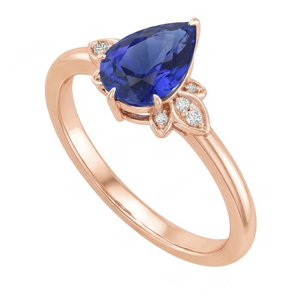 Natural Real ( Not Lab Grown )  Rose Gold Solitaire With Accents Ring Pear Ceylon Sapphire 3 Carats
