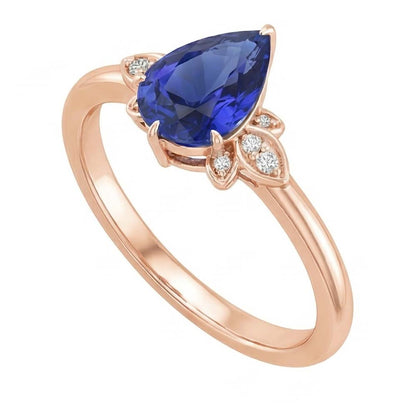 Natural Real ( Not Lab Grown )  Rose Gold Solitaire With Accents Ring Pear Ceylon Sapphire 3 Carats