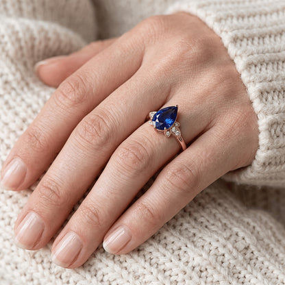 Natural Real ( Not Lab Grown )  Rose Gold Solitaire With Accents Ring Pear Ceylon Sapphire 3 Carats