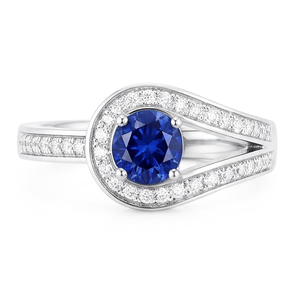 Natural Real ( Not Lab Grown )  Round Blue Sapphire With Accents Ring Split Shank Style 1.50 Carats