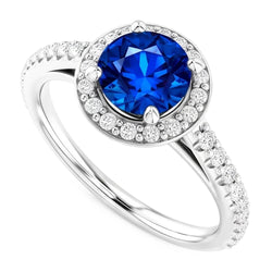 Natural Real ( Not Lab Grown )  Round Halo Blue Sapphire 2.50 Carats Ring White Gold 14K