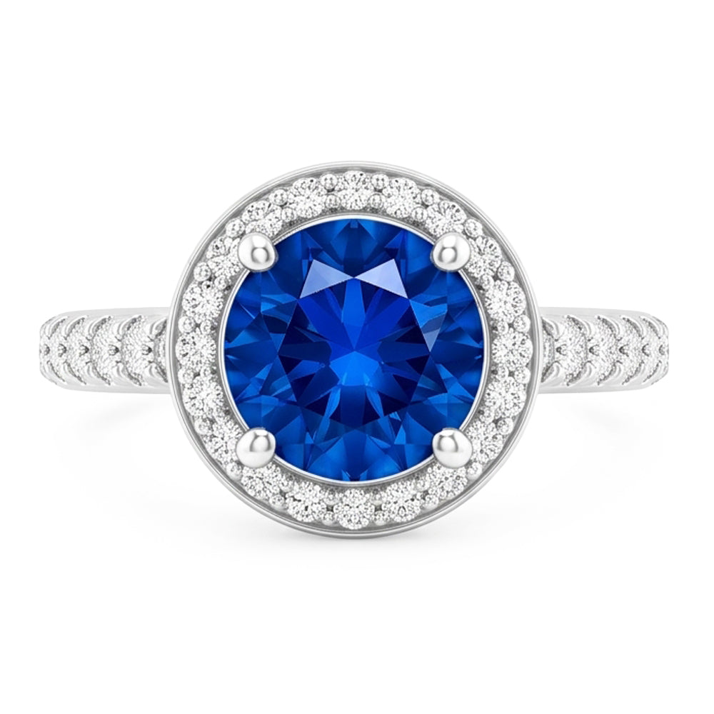Natural Real ( Not Lab Grown )  Round Halo Blue Sapphire 2.50 Carats Ring White Gold 14K