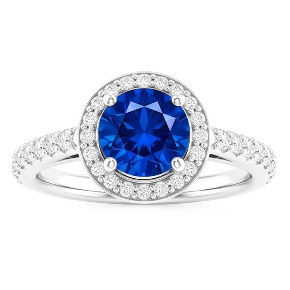 Natural Real ( Not Lab Grown )  Round Halo Blue Sapphire 2.50 Carats Ring White Gold 14K
