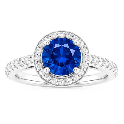 Natural Real ( Not Lab Grown )  Round Halo Blue Sapphire 2.50 Carats Ring White Gold 14K
