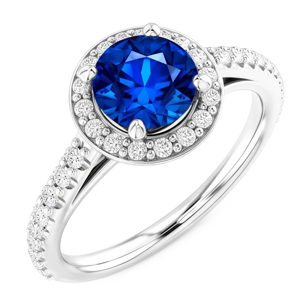 Natural Real ( Not Lab Grown )  Round Halo Blue Sapphire 2.50 Carats Ring White Gold 14K