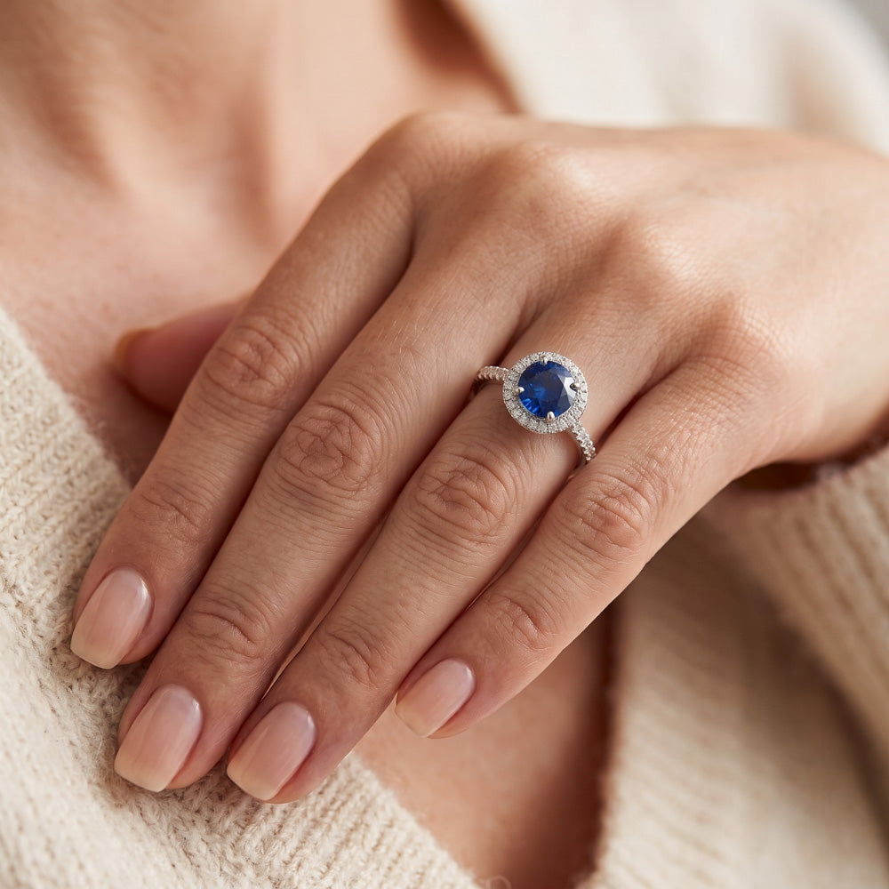 Natural Real ( Not Lab Grown )  Round Halo Blue Sapphire 2.50 Carats Ring White Gold 14K