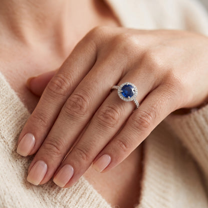Natural Real ( Not Lab Grown )  Round Halo Blue Sapphire 2.50 Carats Ring White Gold 14K
