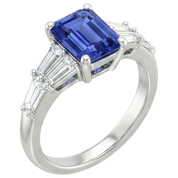 Natural Real ( Not Lab Grown )  Solitaire Accents Ring Baguette & Emerald Ceylon Sapphire 4 Carats
