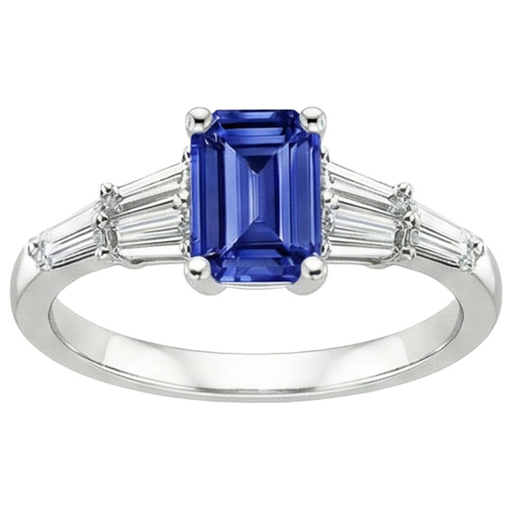 Natural Real ( Not Lab Grown )  Solitaire Accents Ring Baguette & Emerald Ceylon Sapphire 4 Carats