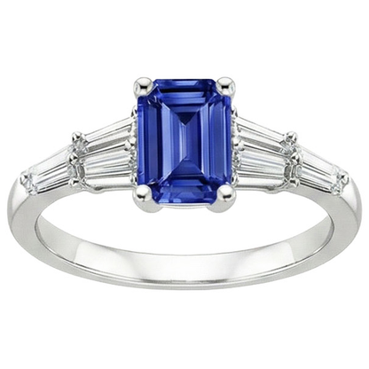 Natural Real ( Not Lab Grown )  Solitaire Accents Ring Baguette & Emerald Ceylon Sapphire 4 Carats