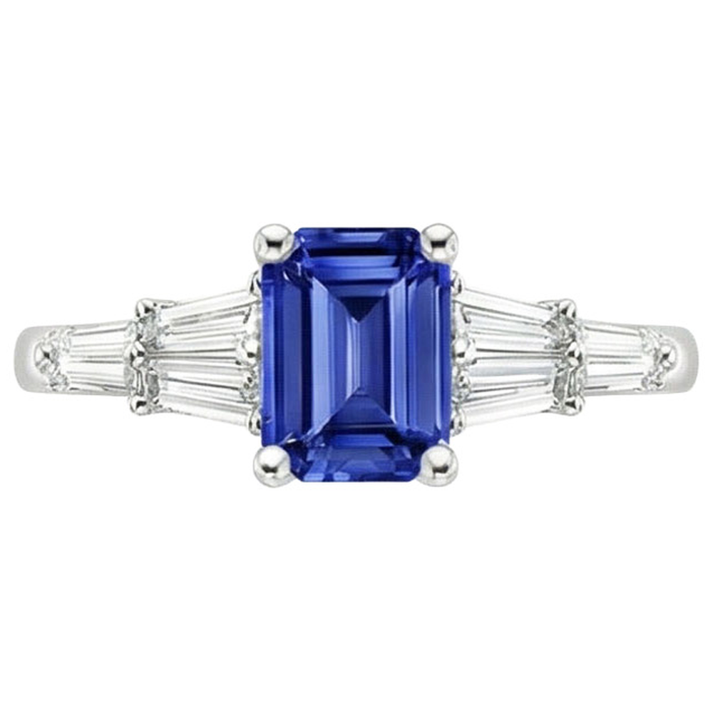 Natural Real ( Not Lab Grown )  Solitaire Accents Ring Baguette & Emerald Ceylon Sapphire 4 Carats