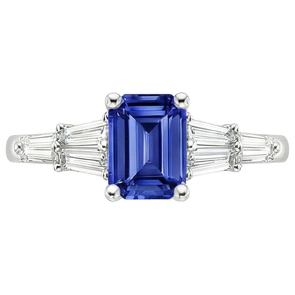 Natural Real ( Not Lab Grown )  Solitaire Accents Ring Baguette & Emerald Ceylon Sapphire 4 Carats