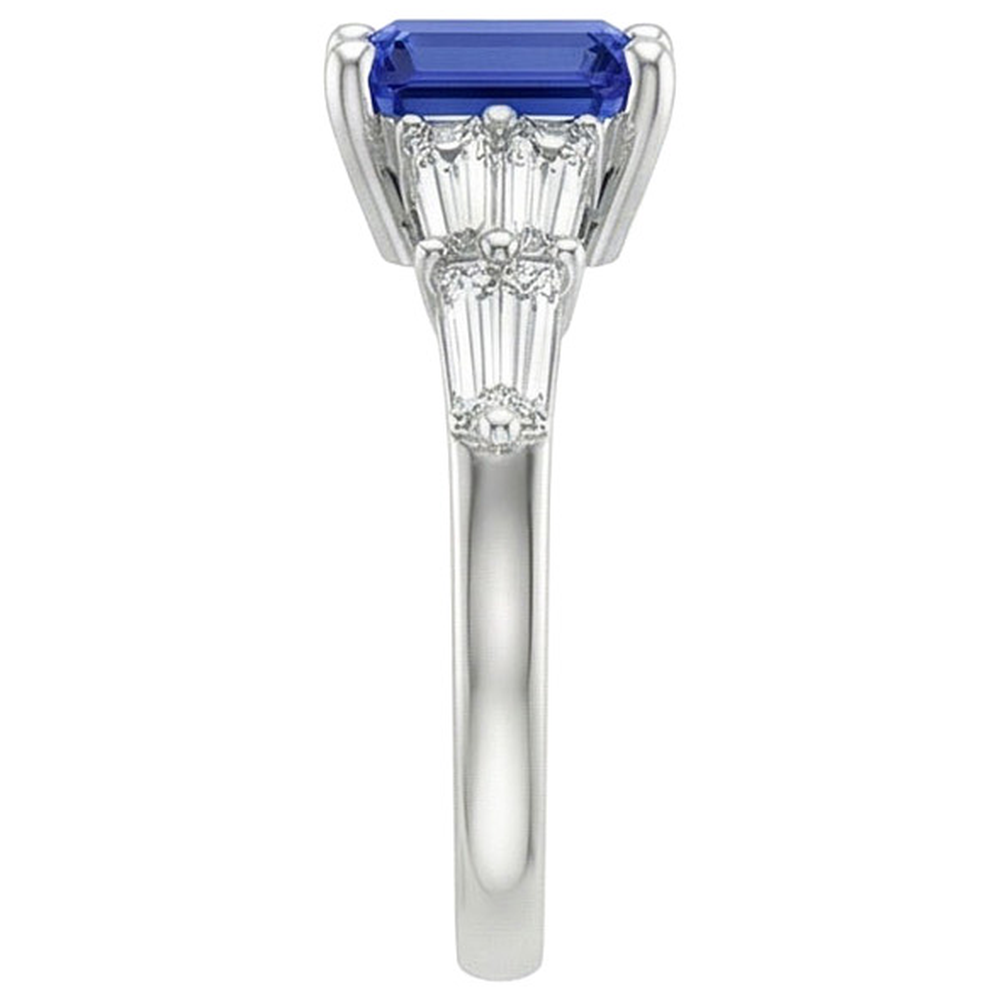Natural Real ( Not Lab Grown )  Solitaire Accents Ring Baguette & Emerald Ceylon Sapphire 4 Carats