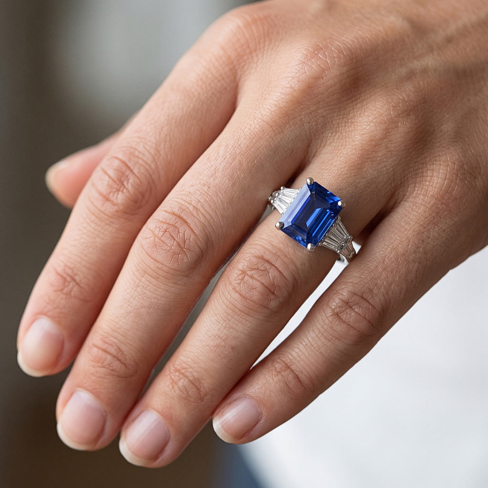 Natural Real ( Not Lab Grown )  Solitaire Accents Ring Baguette & Emerald Ceylon Sapphire 4 Carats
