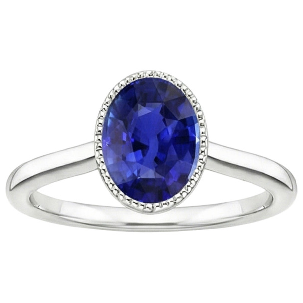 Natural Real ( Not Lab Grown )  Solitaire Bezel Set Ceylon Sapphire Ring Oval White Gold 3 Carats