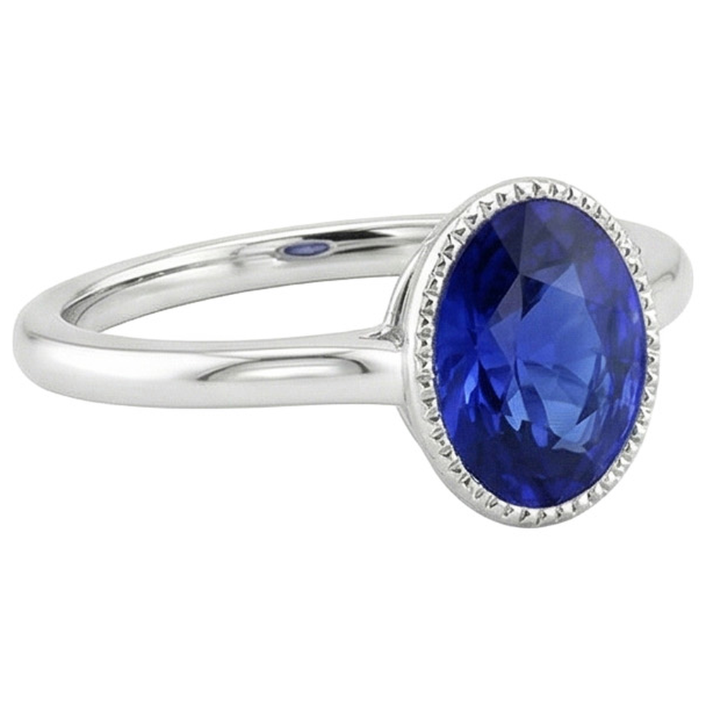 Natural Real ( Not Lab Grown )  Solitaire Bezel Set Ceylon Sapphire Ring Oval White Gold 3 Carats