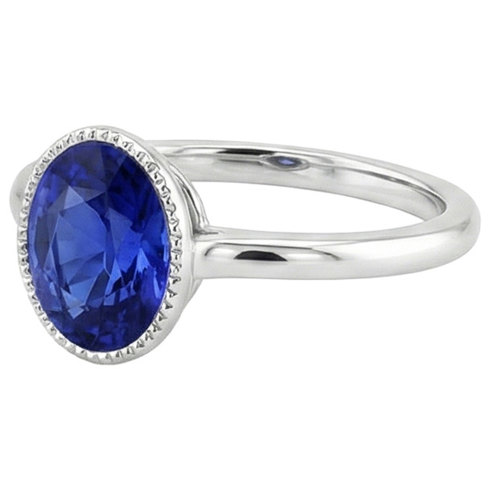 Natural Real ( Not Lab Grown )  Solitaire Bezel Set Ceylon Sapphire Ring Oval White Gold 3 Carats