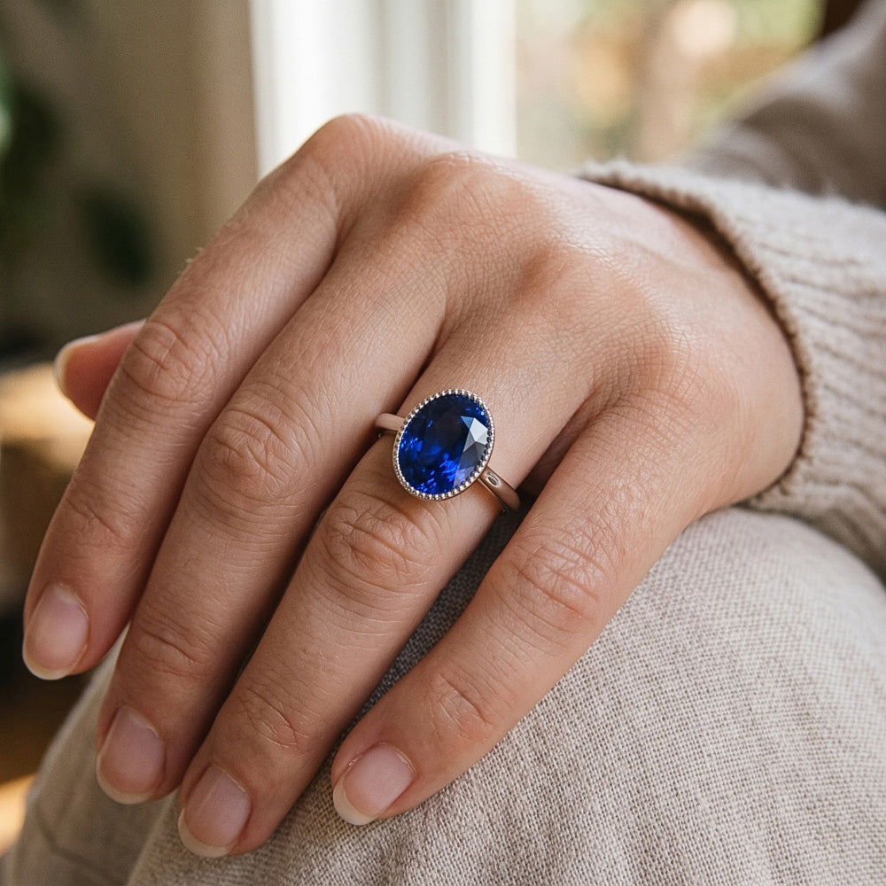Natural Real ( Not Lab Grown )  Solitaire Bezel Set Ceylon Sapphire Ring Oval White Gold 3 Carats