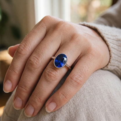 Natural Real ( Not Lab Grown )  Solitaire Bezel Set Ceylon Sapphire Ring Oval White Gold 3 Carats