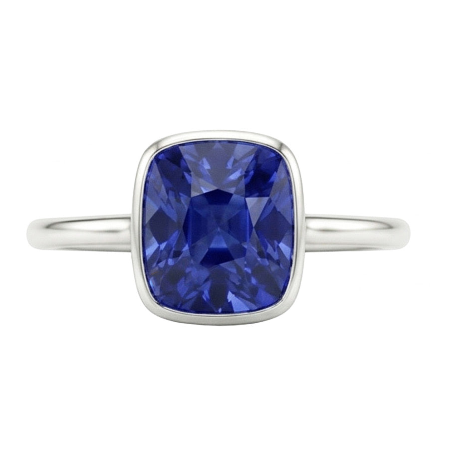 Natural Real ( Not Lab Grown )  Solitaire Cushion Sapphire Ring Bezel Set 2 Carats Gemstone Jewelry