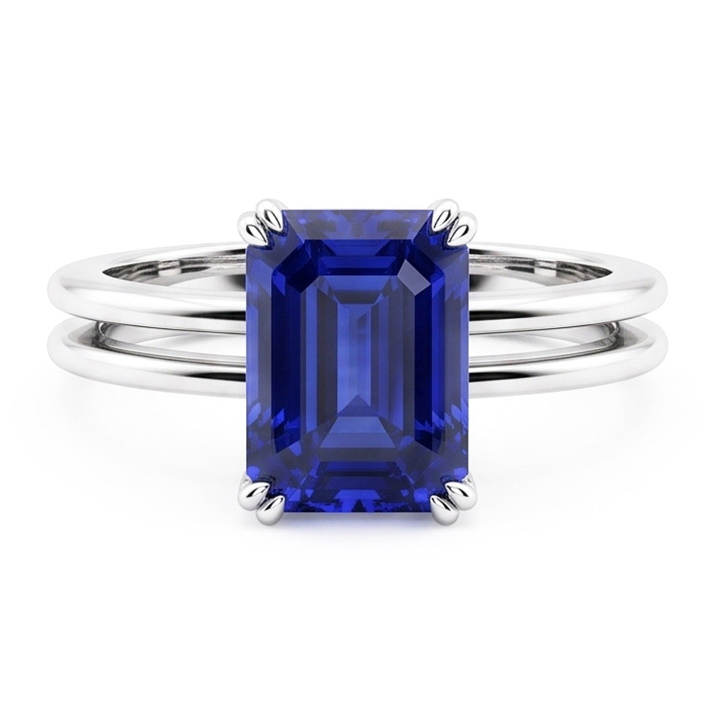 Natural Real ( Not Lab Grown )  Solitaire Emerald Blue Sapphire Ring Double Prong Split Shank 2 Carats