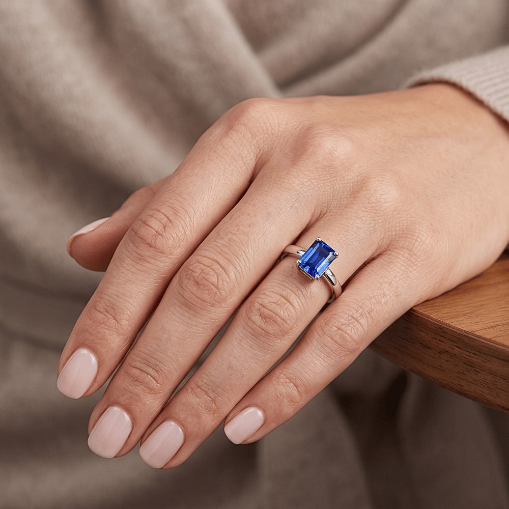 Natural Real ( Not Lab Grown )  Solitaire Emerald Shaped Sri Lankan Sapphire Ring 1.50 Carats