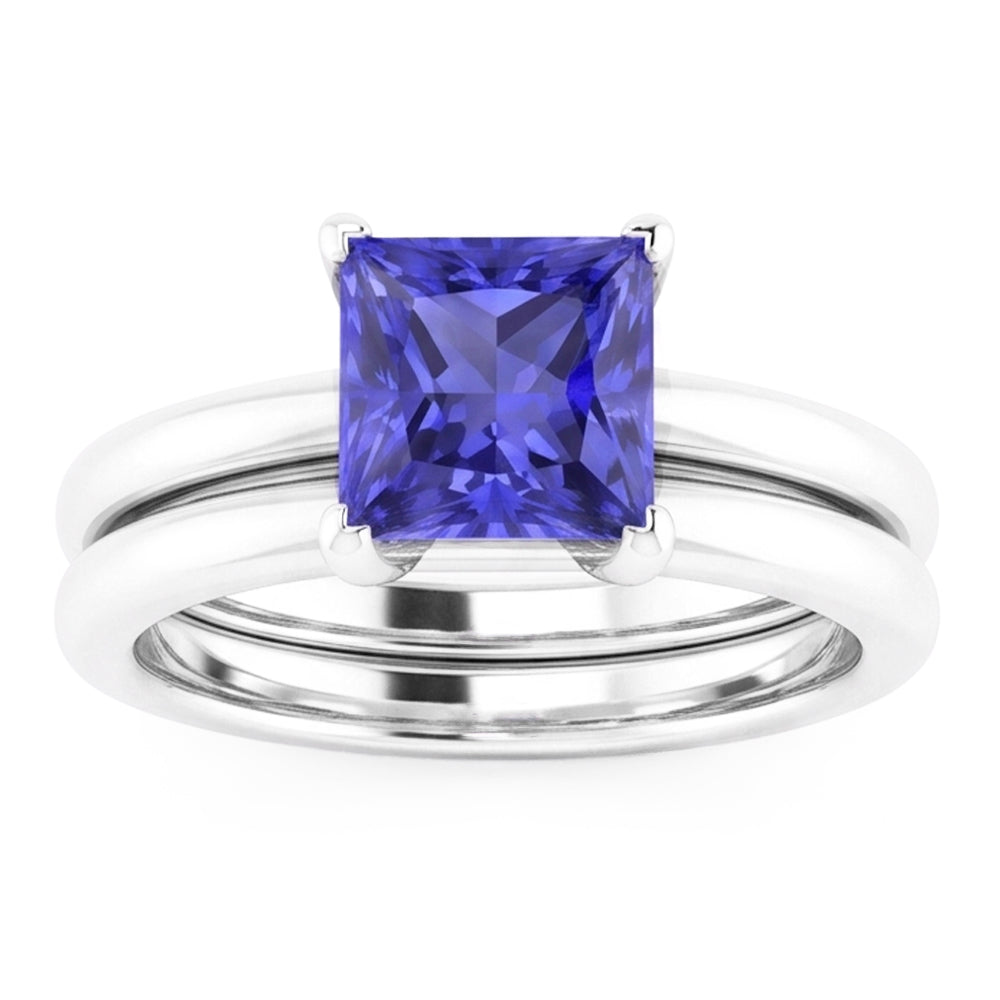 Natural Real ( Not Lab Grown )  Solitaire Engagement Ring Set Princess Blue Sapphire 1 Carat