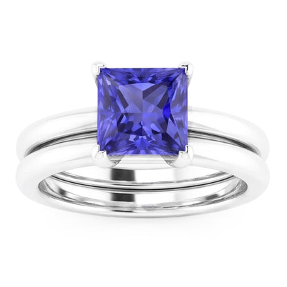 Natural Real ( Not Lab Grown )  Solitaire Engagement Ring Set Princess Blue Sapphire 1 Carat