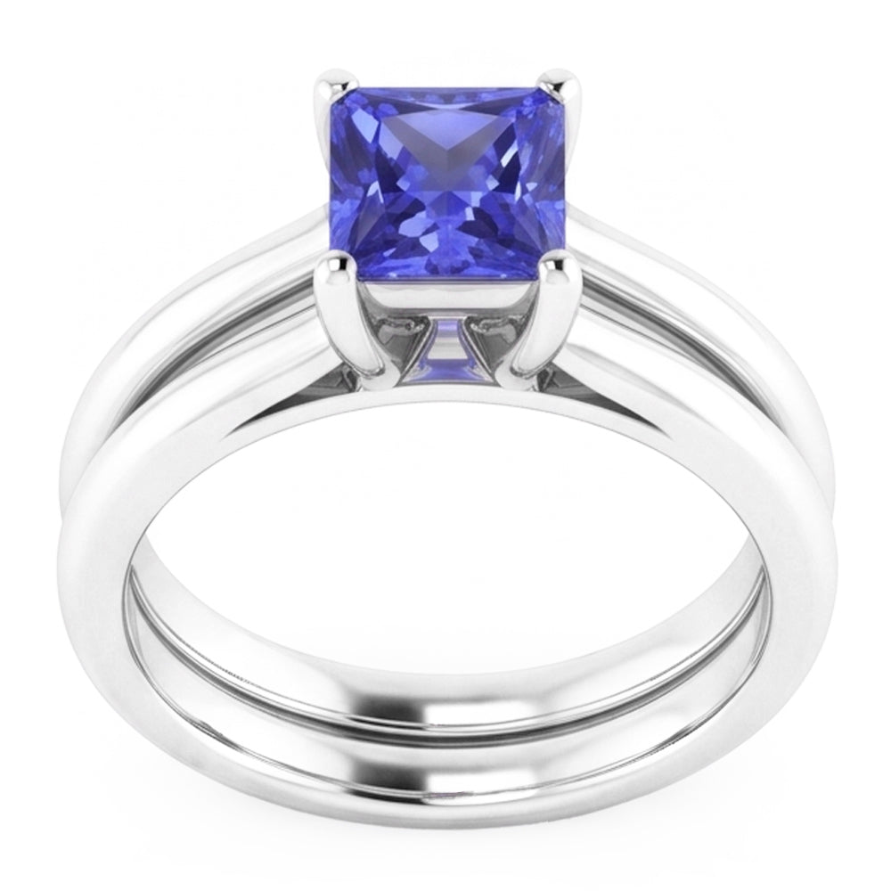 Natural Real ( Not Lab Grown )  Solitaire Engagement Ring Set Princess Blue Sapphire 1 Carat