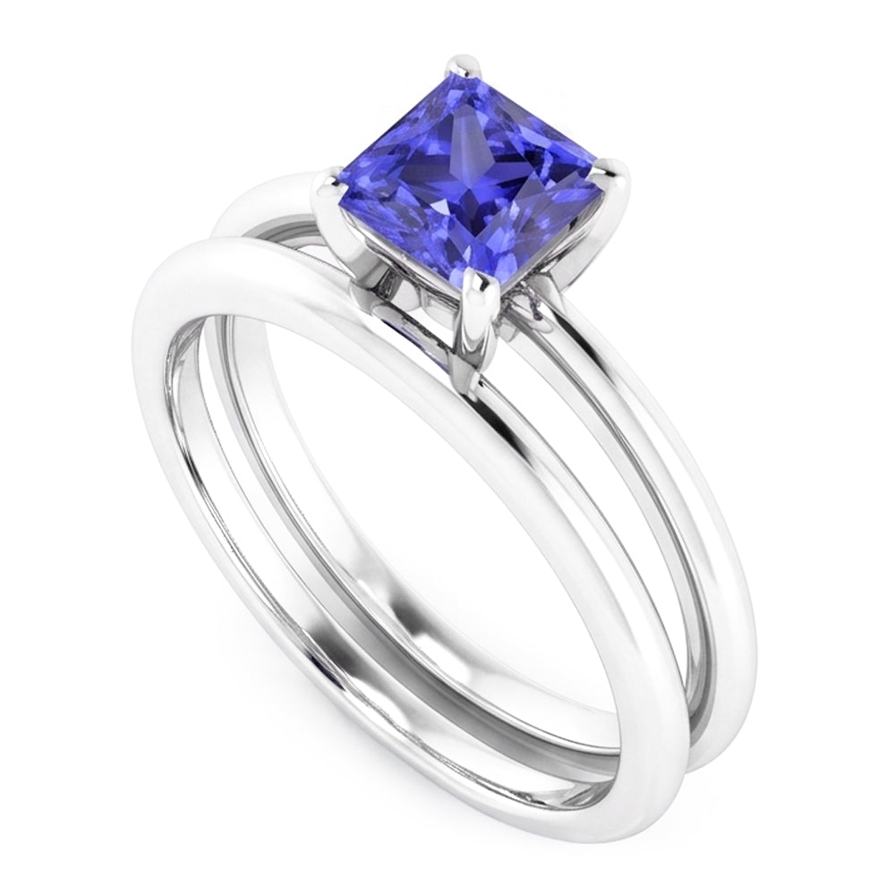 Natural Real ( Not Lab Grown )  Solitaire Engagement Ring Set Princess Blue Sapphire 1 Carat