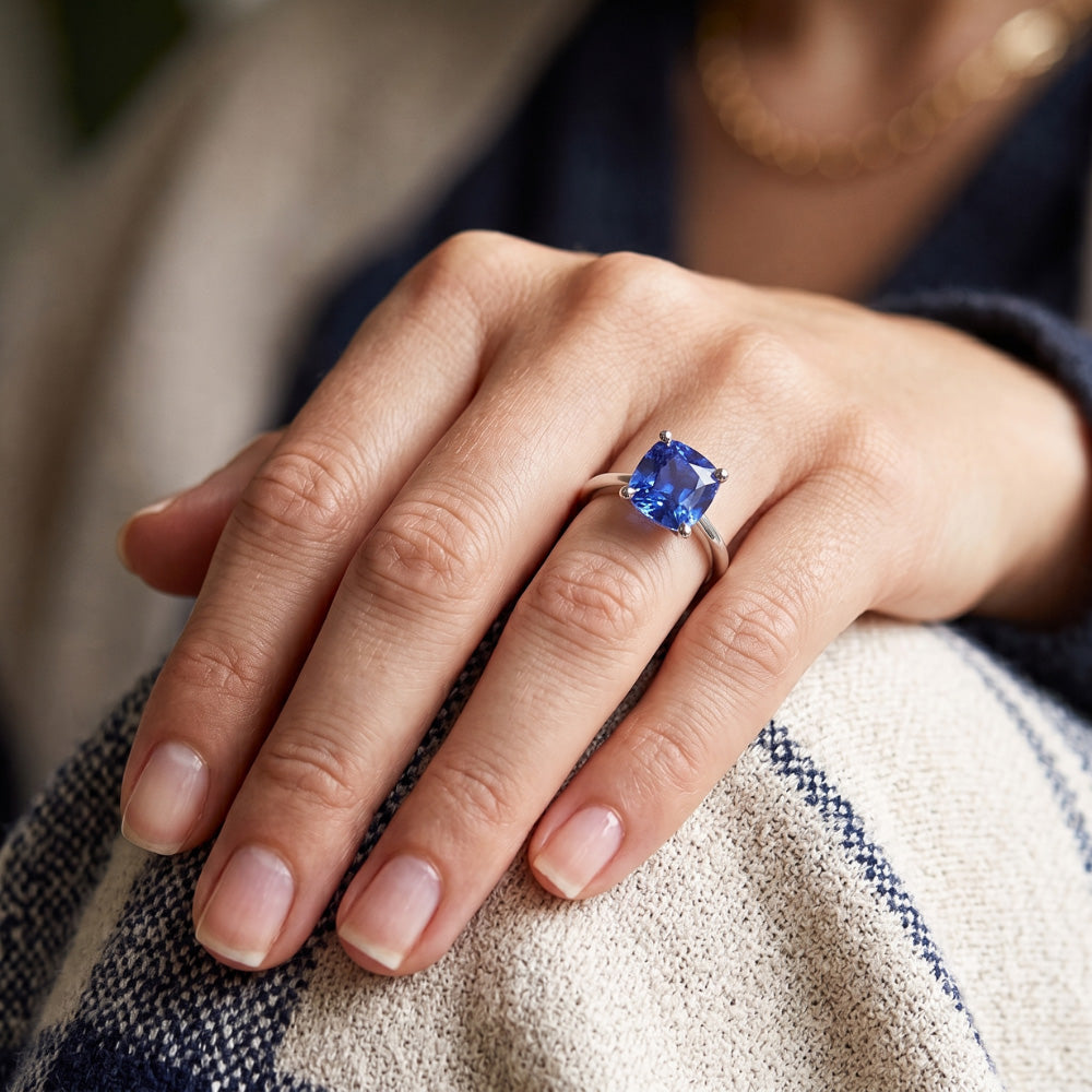 Natural Real ( Not Lab Grown )  Solitaire Gemstone Jewelry Cushion Ceylon Sapphire Ring 1.50 Carats