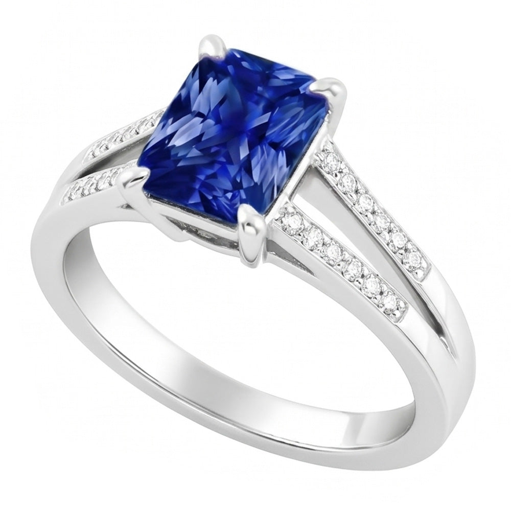 Natural Real ( Not Lab Grown )  Solitaire Gemstone Ring Radiant Blue Sapphire 1.50 Carats Split Shank
